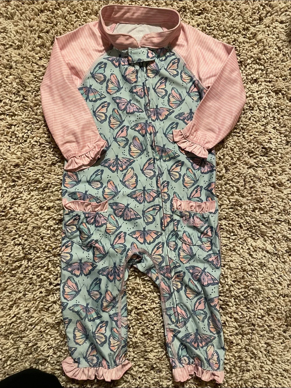 Mint and Pink Butterfly Kids Swim One-Piece